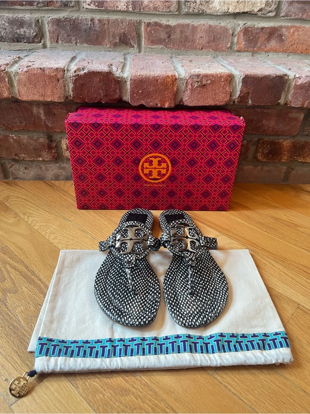 Tory Burch Black Polka Dot Snake Print Embossed Leather Metal Miller 2 Sandals